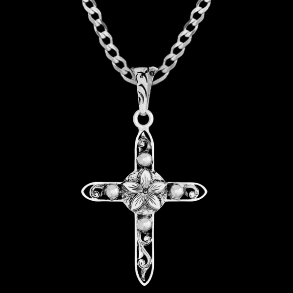 Presenting our Galatians Cross Pendant Necklace: an elegant german silver corss with floral accents, delicated beads and scrollwork with timeless charm. Pair it with a special discount sterling silver chain today!